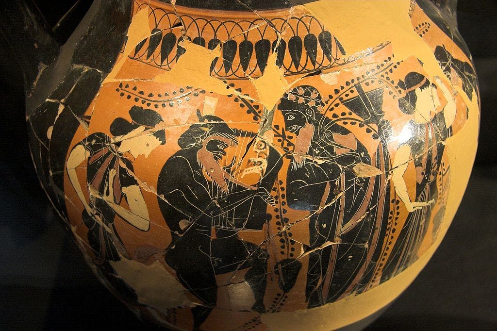 Black figure pottery - Dionysios, satyr with lyre (Zde, CC BY-SA 4.0 via Wikimedia Commons)