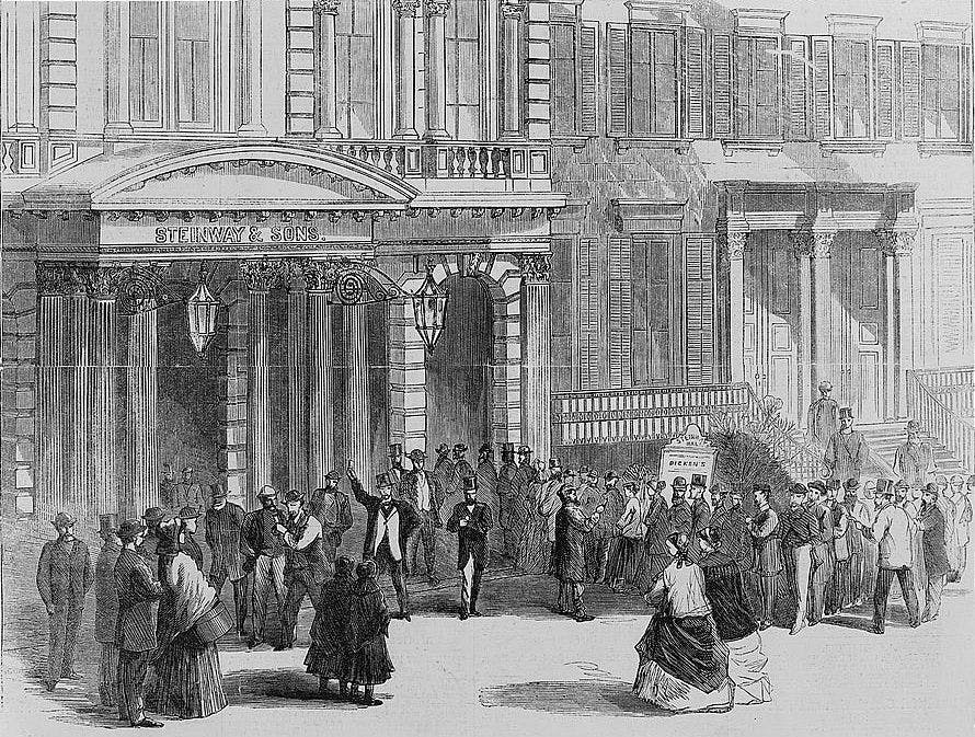 Crowd of spectators buying tickets for a Dickens reading at Steinway Hall, New York City in 1867