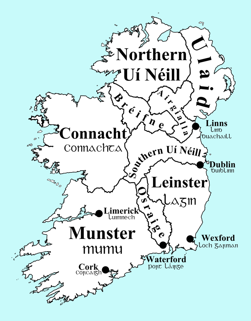 Map of Ireland, circa 900 CE, with kingdoms and principal (Viking) towns indicated.