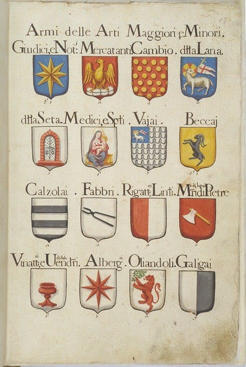 <p>Arms of the major and minor Florentine arts</p>
