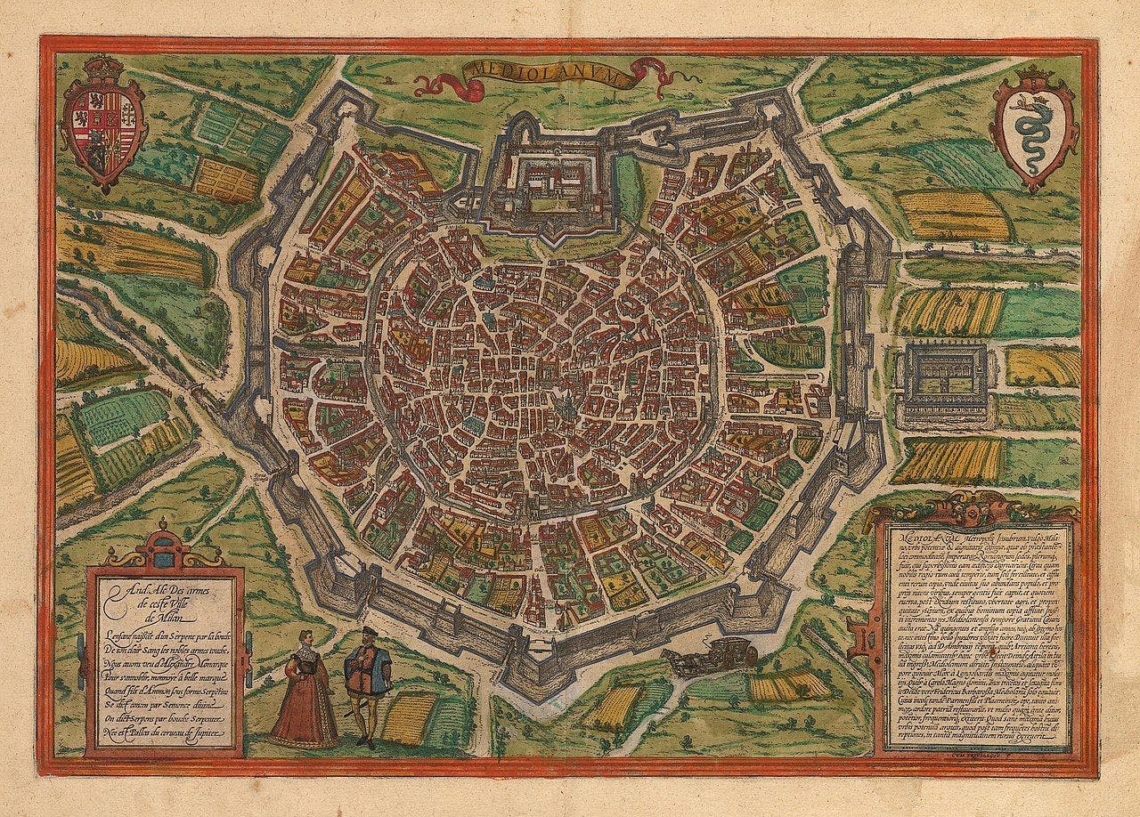 Ancient map of Milan with its appearance in 1574 CE