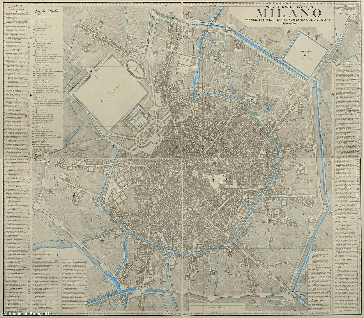 Highlighted in blue the ancient water channels (Astronomi di Brera, 1814)