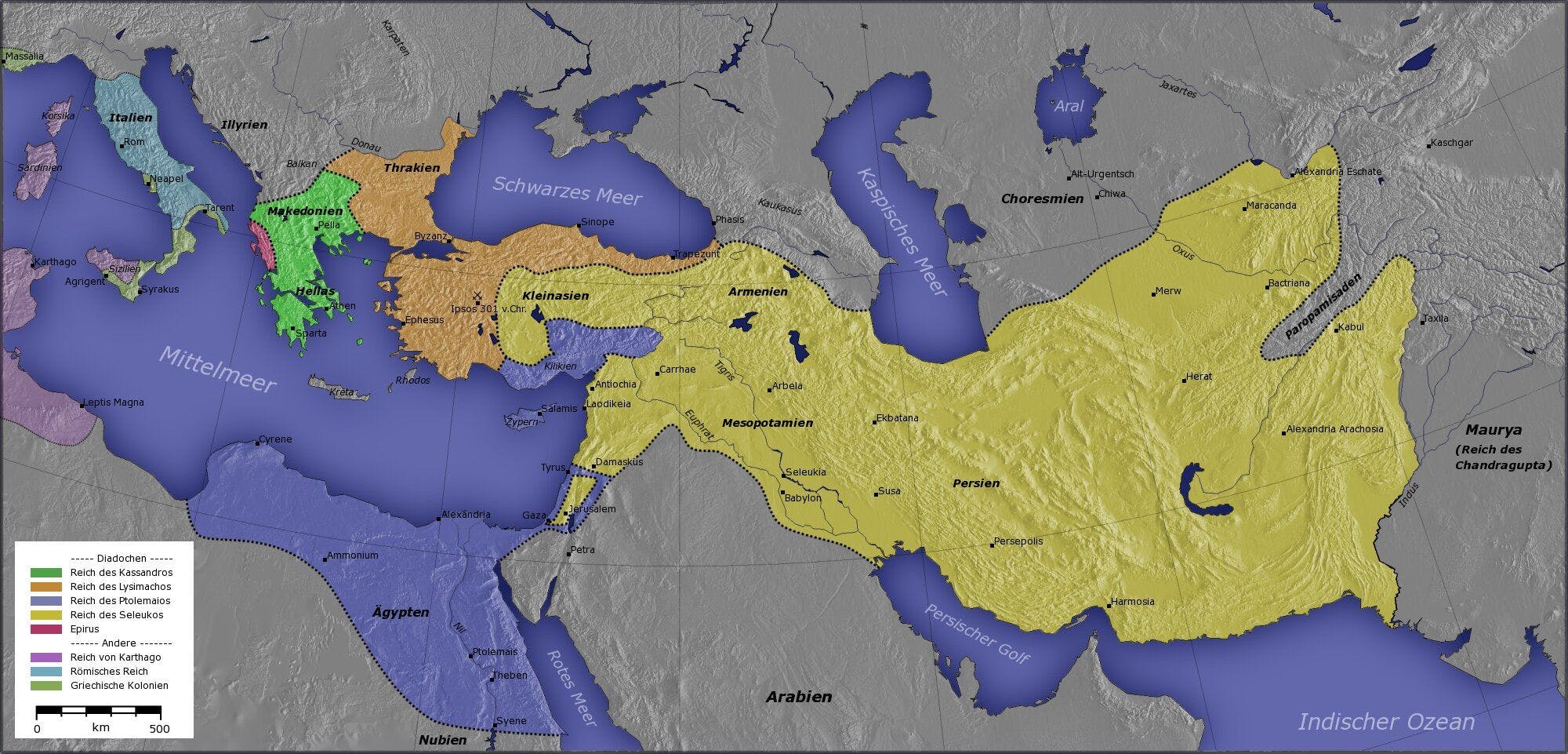 The Macedonian Empire, 336-323 BCE and Kingdoms of the Diadochi in 301 BCE and 200 BCE (by William R. Shepherd, CC BY-SA 3.0 Wikimedia Commons)