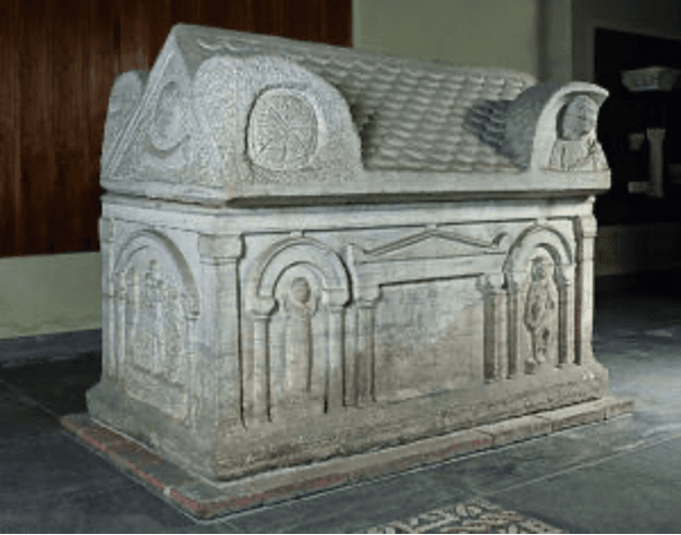 The Roman sarcophagus exhibited at the Sforza Castle