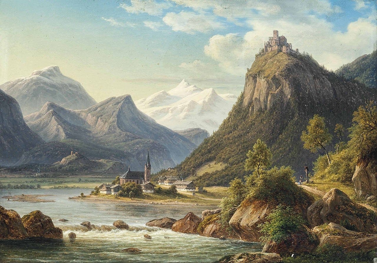 <p>Landscape with Hocheppan Castle, South Tyrol (painting by F._C._Kiaerskou)</p>
